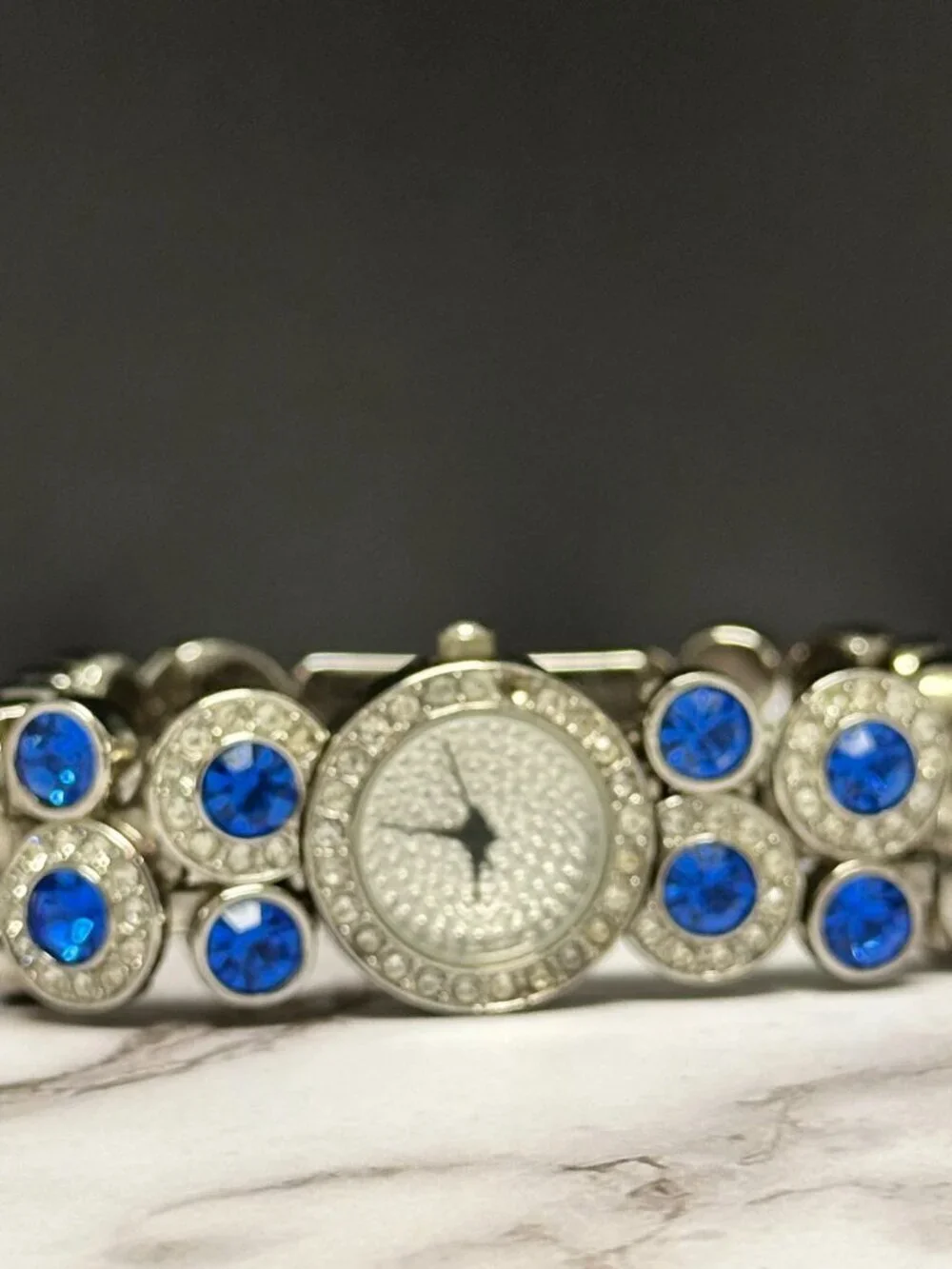 Suzanne Somers Watch Women Silver Tone Blue Rhinestone Bling Band New Battery